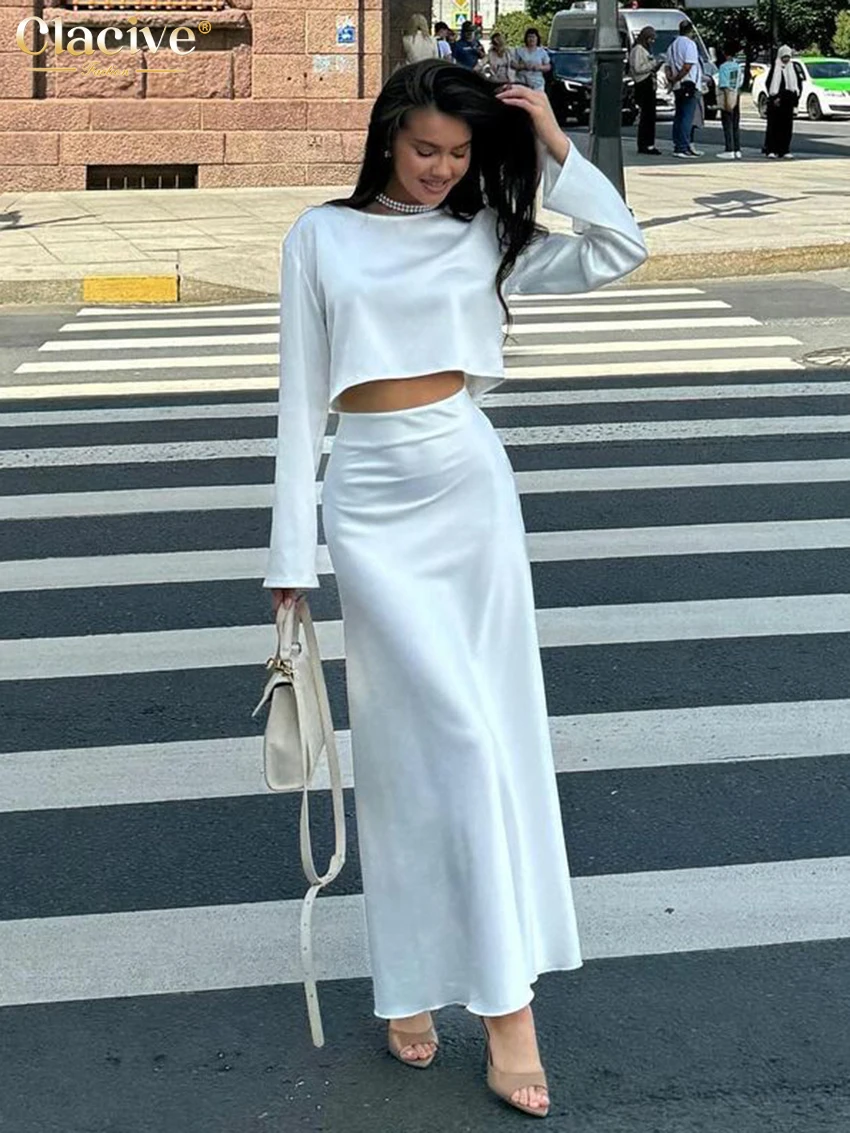 

Clacive Fashion Loose White Satin Skirts Sets For Women 2 Piece 2025 Elegant Long Sleeve Crop Top With High Waist Long Skirt Set