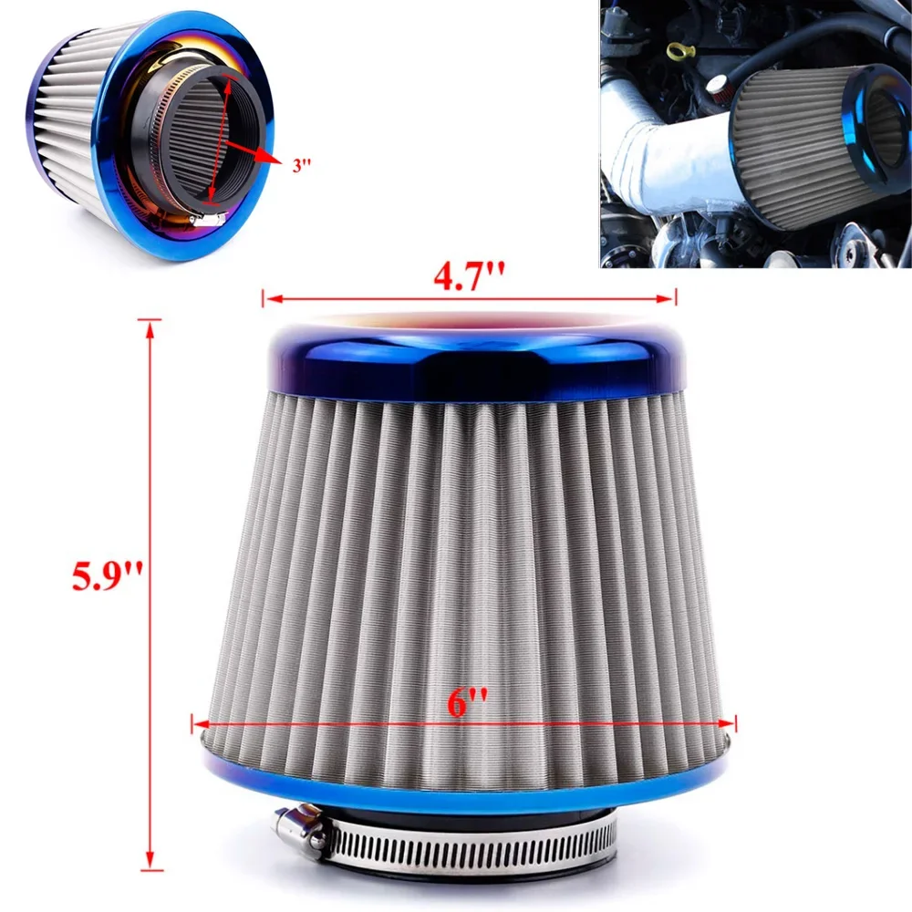 3 Inch Car Air Filters 76MM Universal High Flow Cold Air Intake Filter Induction Kit Sport Power Mesh Cone Car Accessories Blue