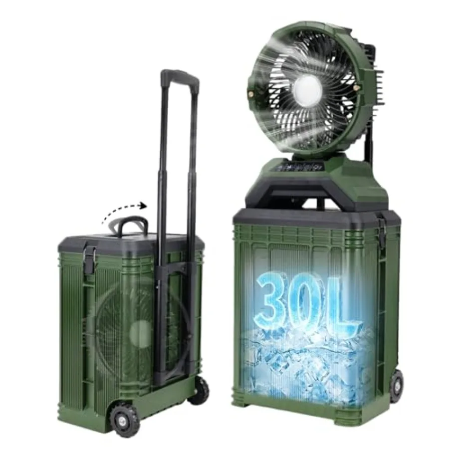 

30L Portable Misting Fan, Bucket Rolling Mist Fan, 30000mAh Rechargeable Outdoor Cooling Fan with Remote, 4 Speeds, 3-Speed Lig