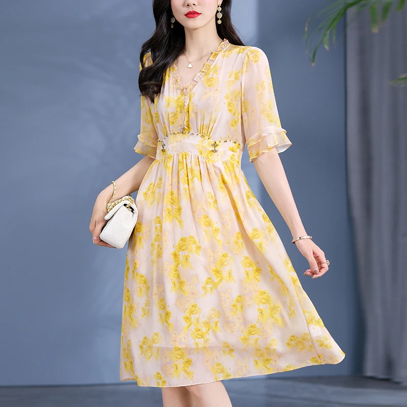 

Elegant Dresses For Women 2024 Summer V-neck Diamonds High Waist Vintage Flare Sleeve Floral Women's 100% Real Silk Long Dress