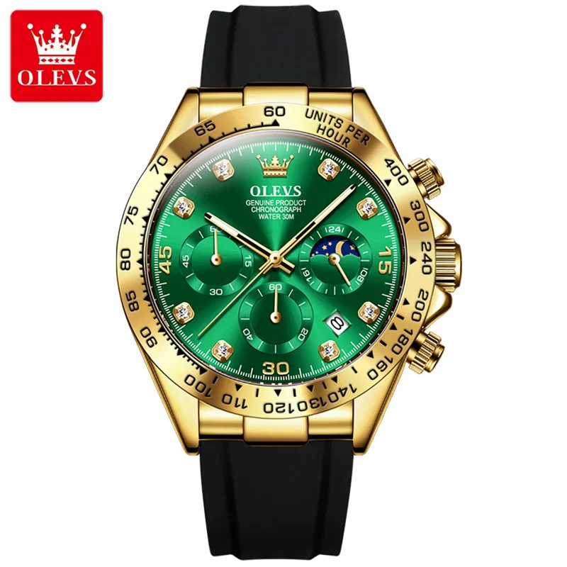 Imagem -05 - Olevs Top Marca Calendário de Luxo Moon Phase Homens Ver Esporte Militar Quartz Verde Relógios Homens à Prova d Água Case de Aço do Ouro Relógio