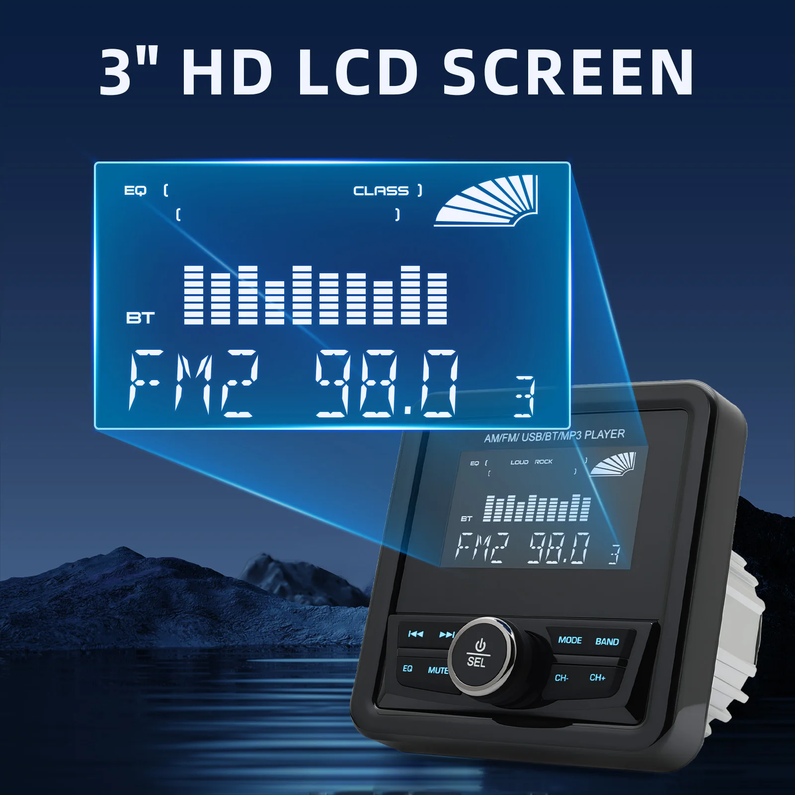 AD MP3 Radio Łodzi Stereo Marine Radio 3-calowy Wyświetlacz Odtwarzacz Multimedialny Wodoodporny Bluetooth AUX AM FM RDS do ATV UTV