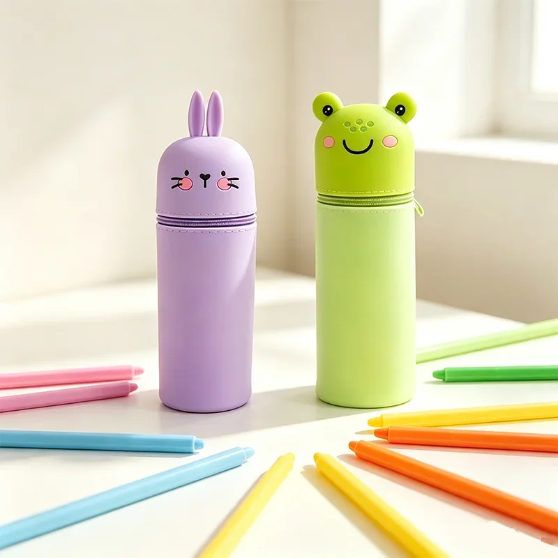 Cute Animal Silicone Retractable Pencil Storage Bag, Cartoon Stand Pen Holder Large Capacity Waterproof Stationery Bag