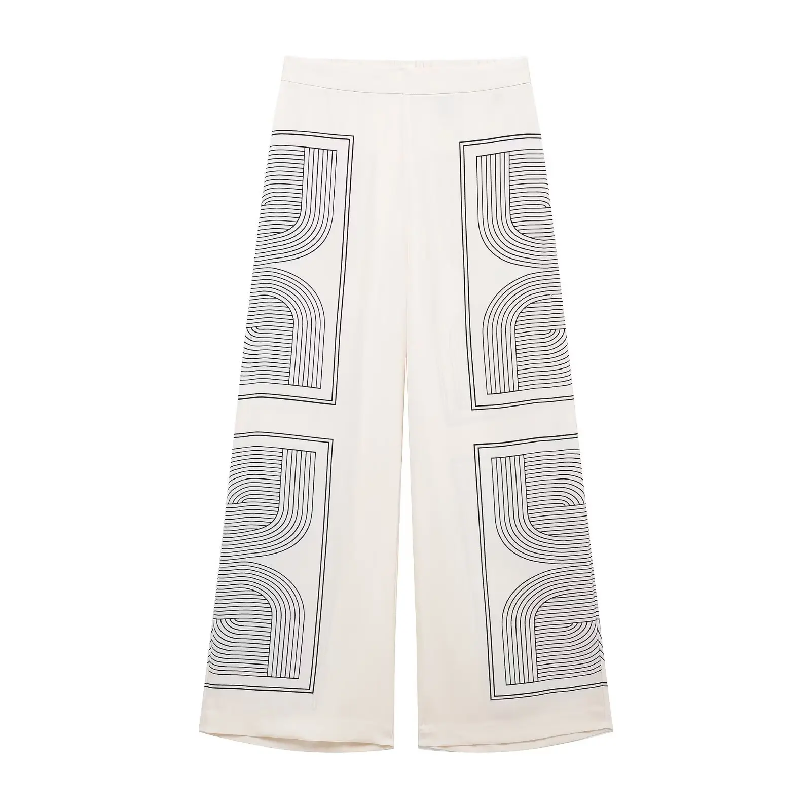 

TRAFZA Women's Fashion Vintage Printed Twill Straight-Legged Trousers Female Temperament Striped Loose Ankle-Length Long Pants