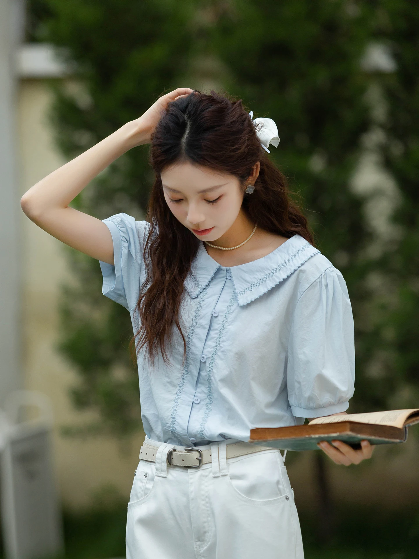 

Новая женская блузка Sweet Style с коротким рукавом, вышивкой, из тонкого хлопка, цвета Left Bank Blue, летняя коллекция 2026, маленький размер, с воротником «кукла»