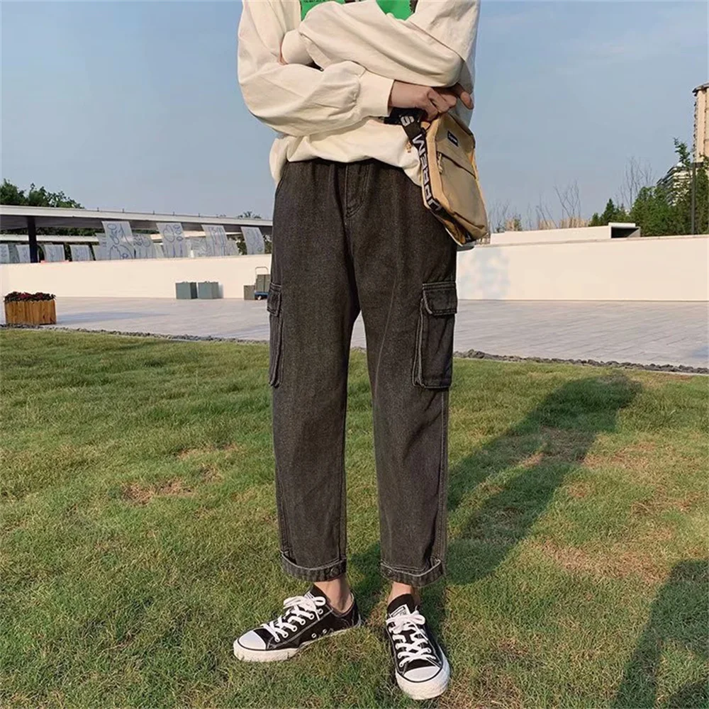 Harajuku Pockets Patchwork Cargo Jeans Y2K Vintage Washing Blue High Waist Streetwear 90S Baggy Jeans Women Pants Straight Leg