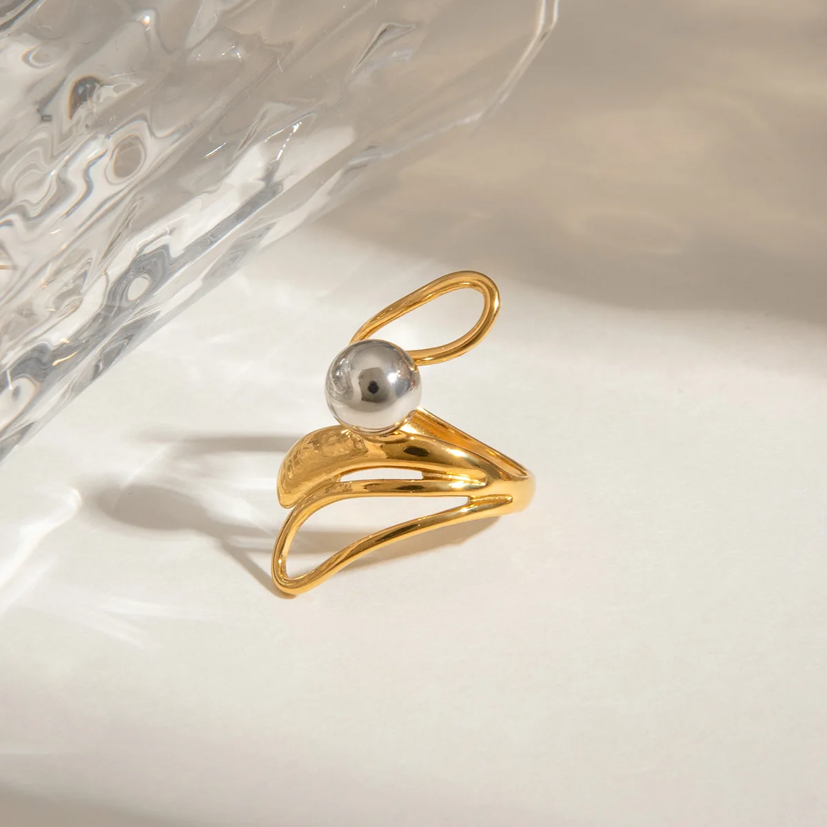 Yori Fashion Stainless Steel Ball Geometric Hollow Ring 18K PVD Plated Individualistic Jewelry Accessories Gift