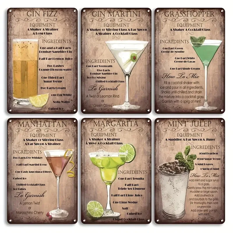 6pcs Vintage Metal Recipe Signs - Classic Mixed Drink Art Wall Decor for Home Bar, Pub & Restaurant - Retro Bar Manual with Gin
