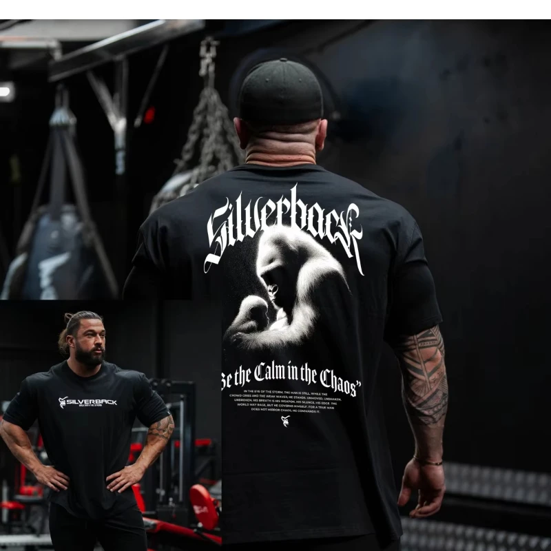 Men's Black Oversized Gym T-Shirt, Silverback Gothic Gorilla Graphic Print, Lifting Workout Streetwear Casual Tee