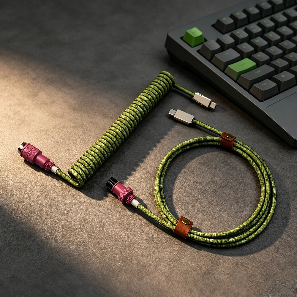 Coiled Keyboard Cable Type C To C Double-Sleeved Detachable Metal Aviator For Gaming Keyboard | Silver-gray/White/Black/Deep Blu