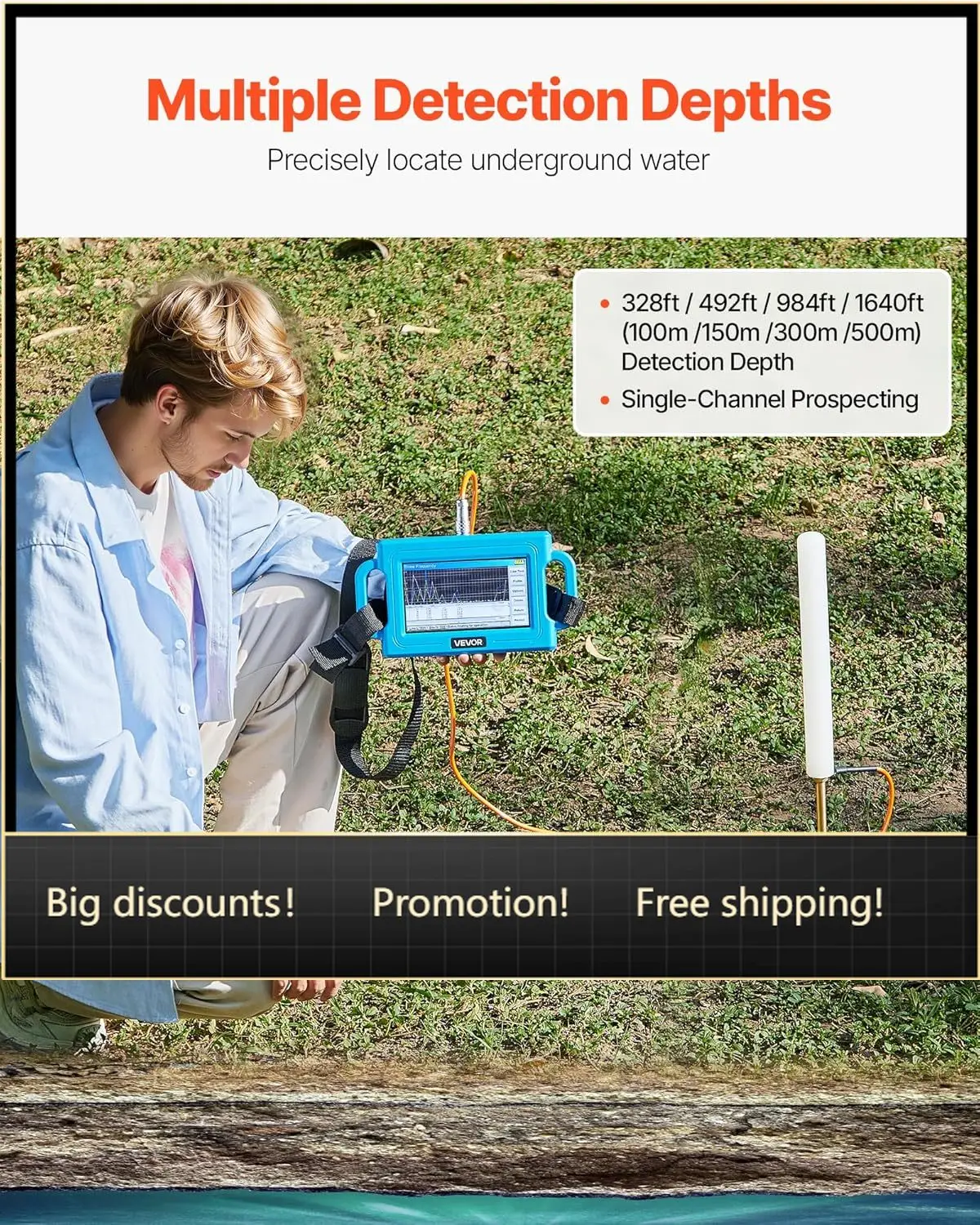 

Underground Water Detector, Up to 1640ft (500m) Pro Underground Water Detection Locator, 7" Touchscreen Auto Mapping Well Detect