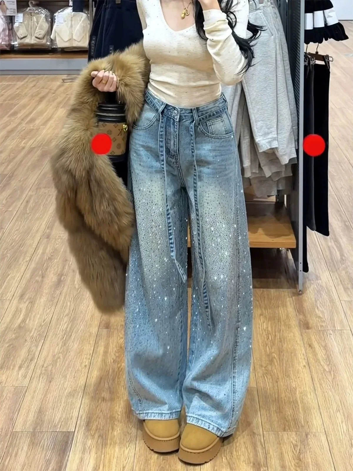 

iny Diamond Waed Ретро большие размеры Женские джинсы с высокой талией Свободный крой Широкие длинные брюки Осень Зима Ele Sle