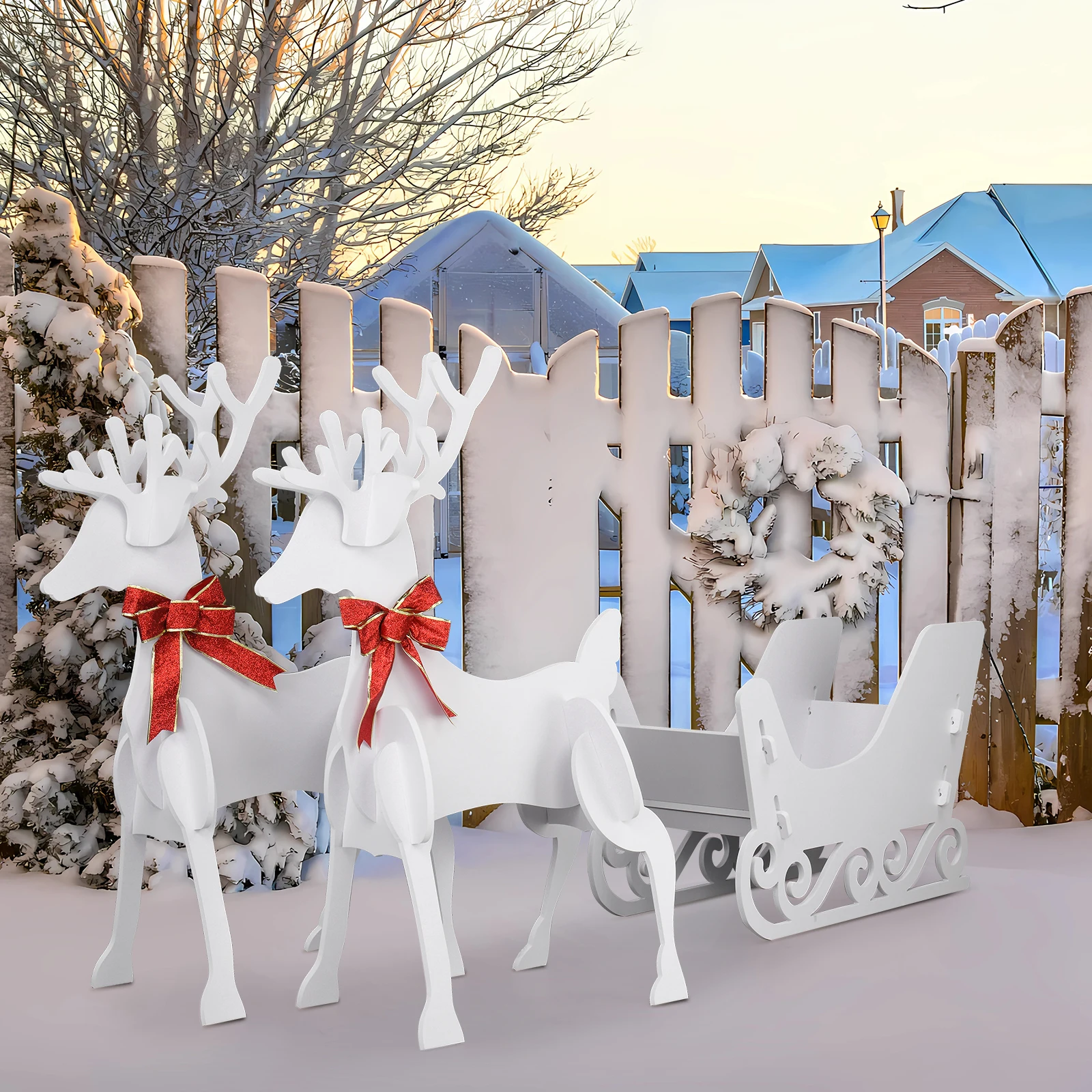 2 Deer Pulls 1 Sled PVC Garden Elk Decoration White