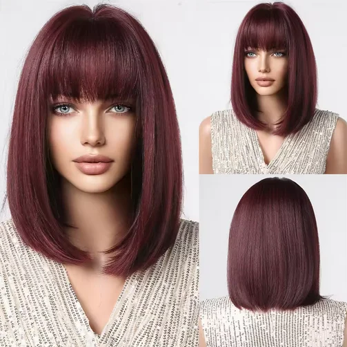 Short Straight Synthetic Wigs with Bang Dark Wine Red Burgundy Hair Wig for Women Daily Cosplay Natural Heat Resistant Fiber