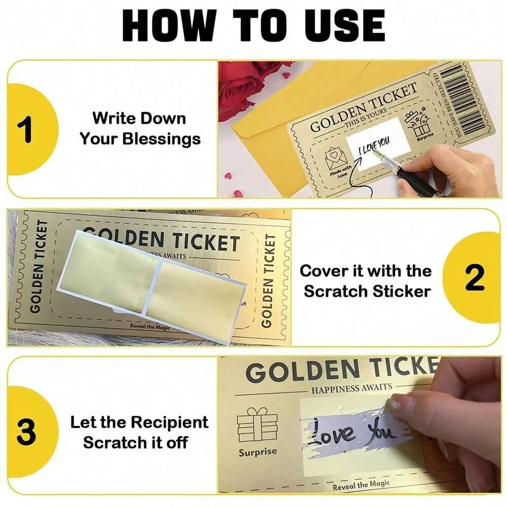 3pcs/set Golden Ticket Scratch Card Scratch-off Travel Ticket Set with Envelopes Surprise Reveal Ticket Gift for Valentine's Day view 4