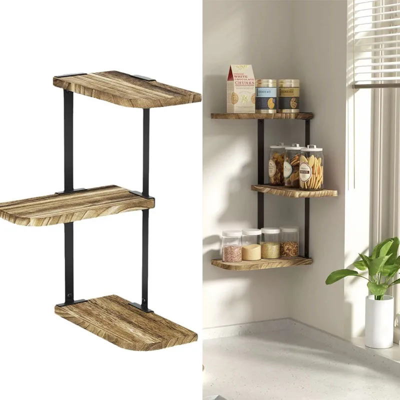 Triple layer iron wood combined bathroom storage rack multifunctional  perforated corner rack kitchen wall mounted storage rack