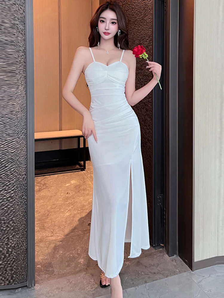 2025年 グリーン プリーツ ボディコン セクシー スリング ロングドレス レディース エレガント ラグジュアリー スリット ドレス 夏 韓国 ヴィンテージ フェスティバル パーティー ワンピース