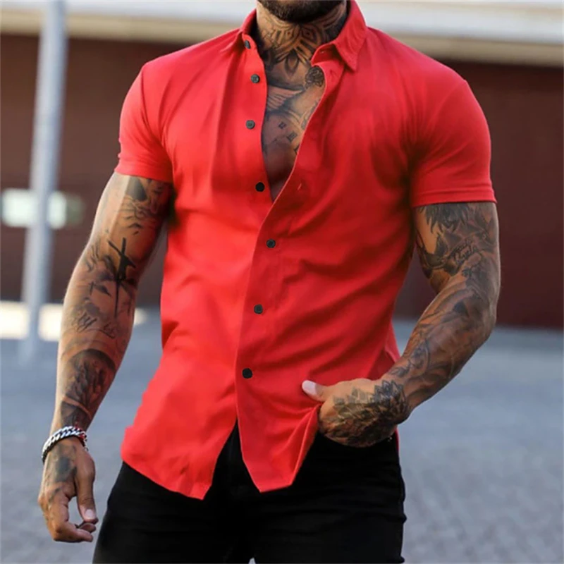 Short sleeved lapel shirt elastic thin solid color sports casual cardigan business no iron shirt oversized xs-4xl