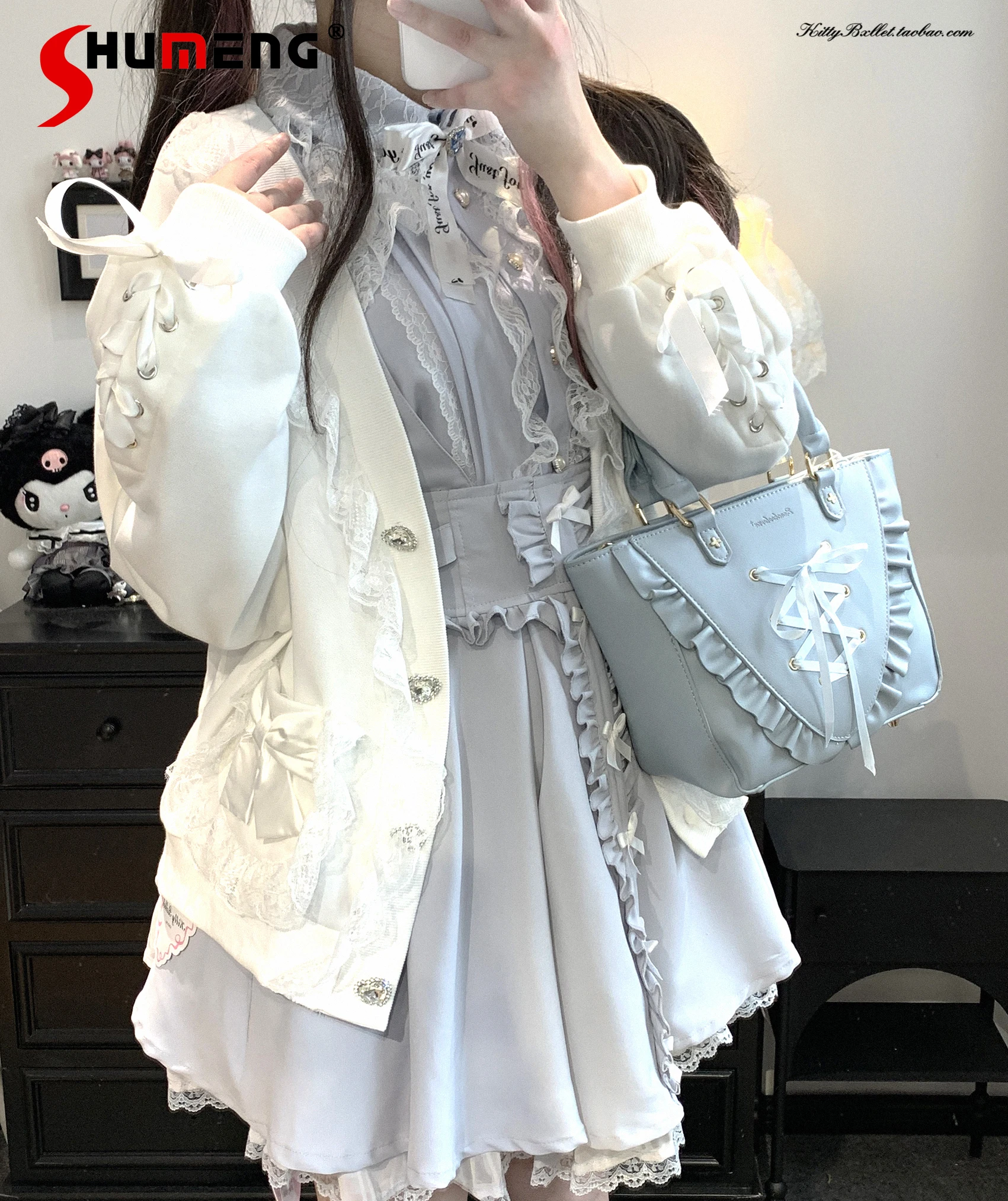 Original Japanese Mine Series Sweet Girls Cardigan Coat Spring New Women's Loose Cute Bow Pocket Kawaii Coat Long-sleeved Top