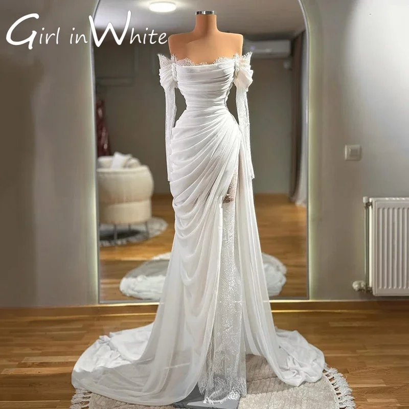 Barco pescoço sereia vestidos de casamento chiffon fora do ombro manga longa renda vestido de noiva 2025 vestidos de baile de casamento à noite personalizado