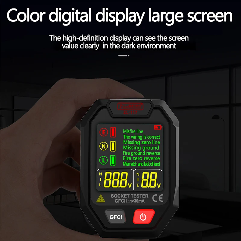 30mA RCD GFCI NCV EU US UK Digital Socket Tester Large Display Smart Outlet Checker Voltage Detector Plug Ground Zero Line Tool