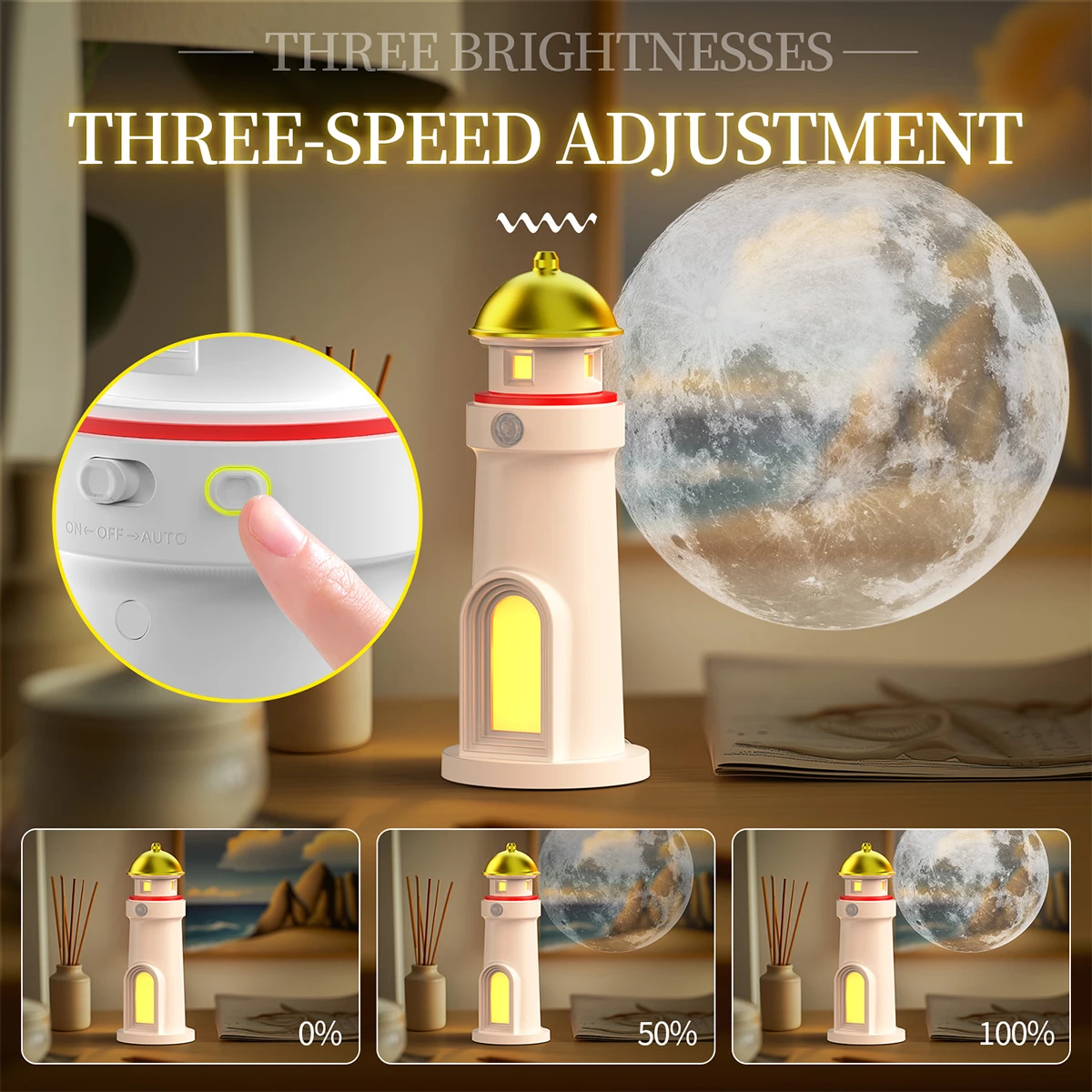 Moon Projector Lighthouse Lamp Portable Lighthouse Decor Rechargeable Moonlight Projector Night Light for Kids Bedroom Children