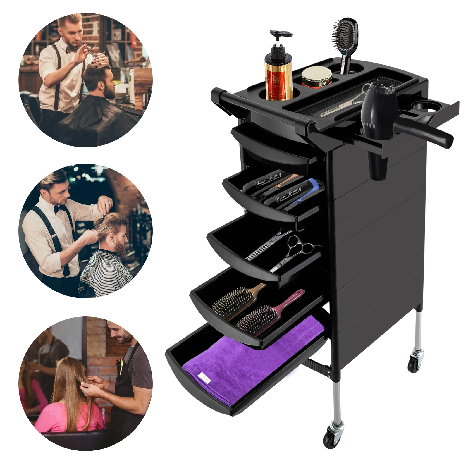 Salon Trolley, with Handle and Rolling Wheels, 5 Drawers and 2 Hair Dryer Holder Side Tray, Black