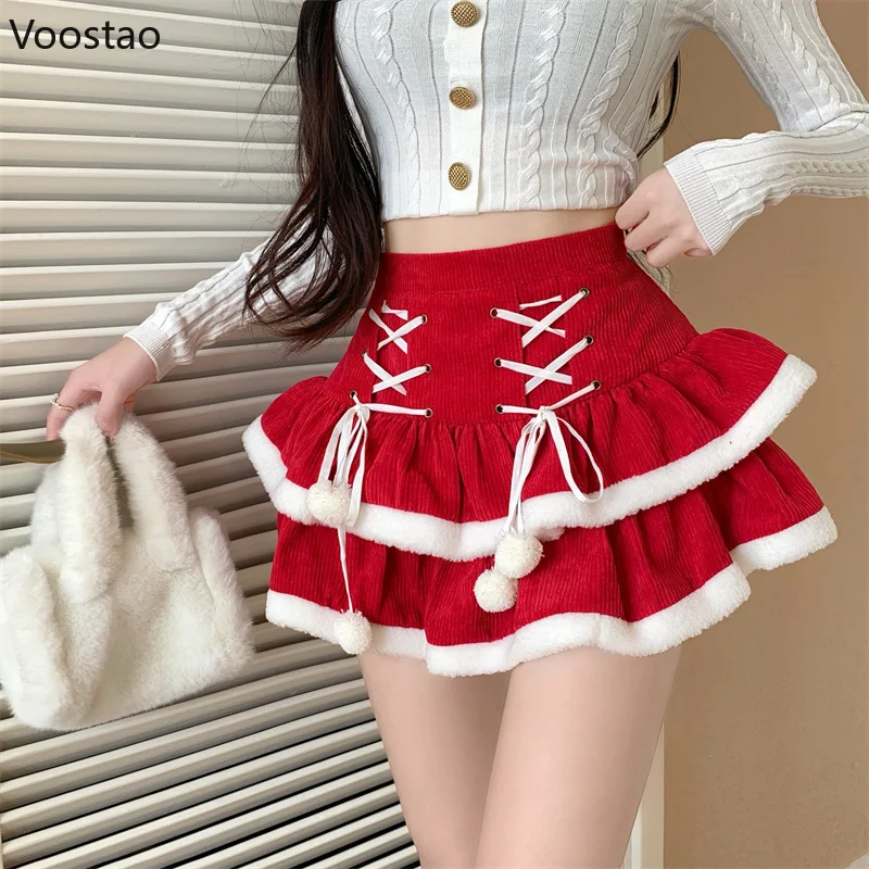 

Kawaii Lolita Corduroy Mini Skirt Women Elegant Y2k Bandage High Waist Party Cake Skirts Female Casual Fashion Black Punk Skirt