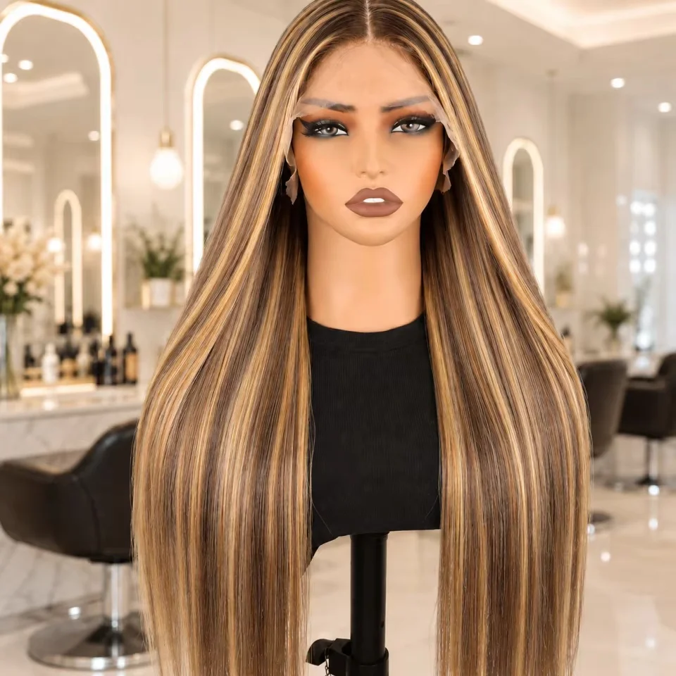 4/27 Highlight Ombre 13x6 Lace Front Wigs Human Hair for Women 200 Density 13x6 HD Transparent Lace Front Wigs Human Hair Pre Plucked Honey Blonde Straight Glueless Lace Frontal Wigs