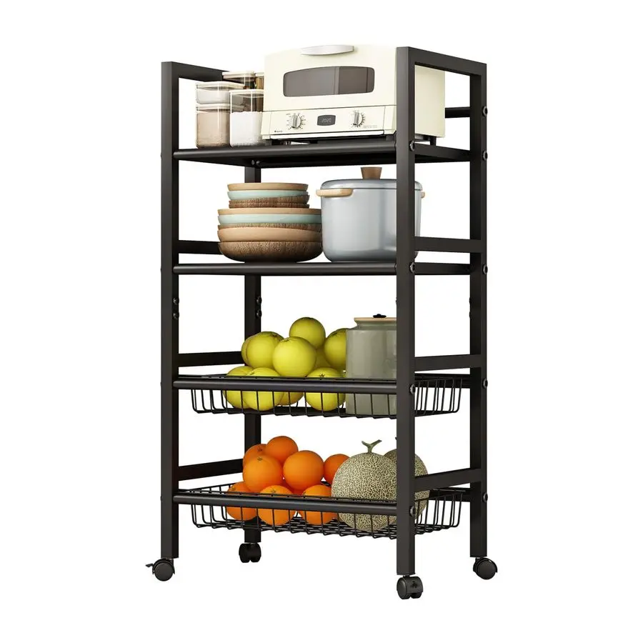 

Металлическая тележка на колесах со съемными решетчатыми полками, блокируемыми колесами и ручкой для хранения на кухне, в ванной, в офисе, черная, среднего размера