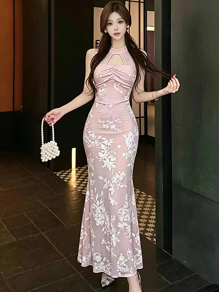 

Summer Pink Jacuqard Hollow Out Sleeveless Long Dress Women Elegant Luxury Ruffled Evening Dress 2026 Korean Festival Prom Dress
