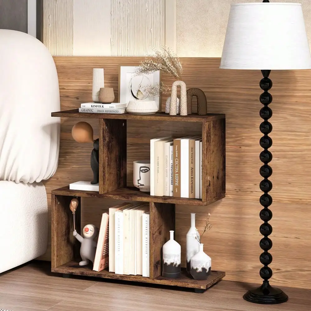 Free Standing Wooden Display Bookshelf S-Shaped Shelf Storage Rack