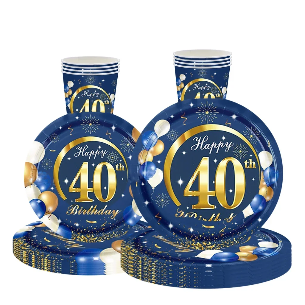 Golden 40 Years Old Birthday Disposable Tableware Blue Balloon Birthday Paper Plates Napkin Happy 40th Birthday Party Supplies