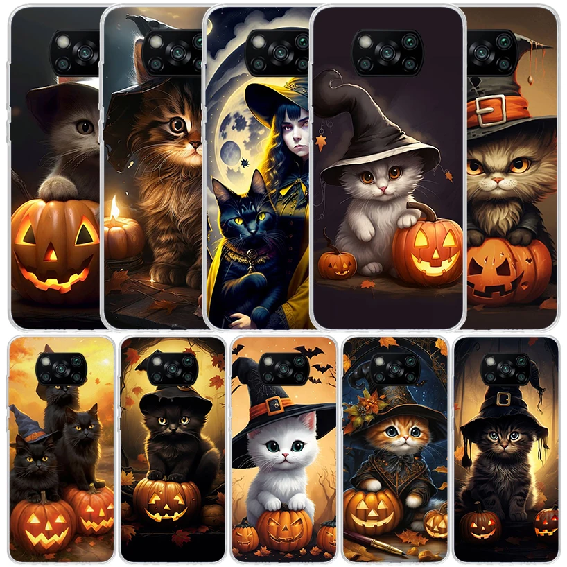 Black Kitten Halloween Pumpkin Phone Case For Xiaomi Poco X6 X5 X4 X3 Nfc F6 F5 Pro F4 Gt F3 F2 F1 M5S M4 M3 M2 Soft TPU Back Co