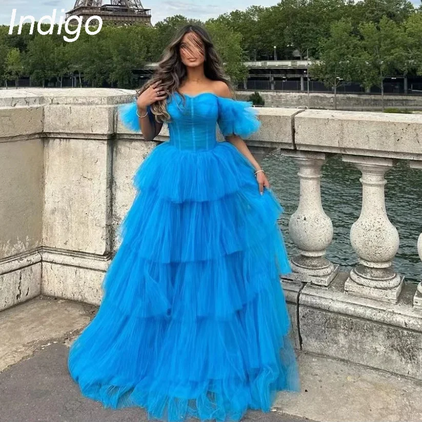 Indigo-vestido de tul con hombros descubiertos para mujer, traje de fiesta Formal escalonado, largo hasta el suelo, 2024