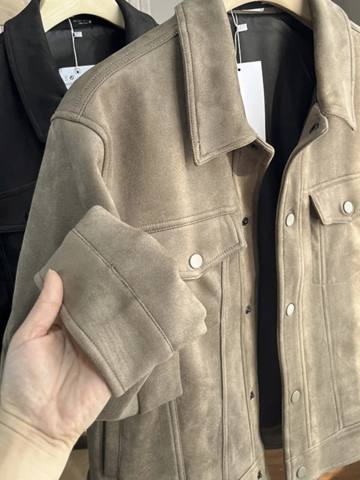 Suede Fabric Jacket Men's Autumn Style Retro Casual Windproof Collar Coat Trendy Outerwear Standard Fit Fashion Urban Youth