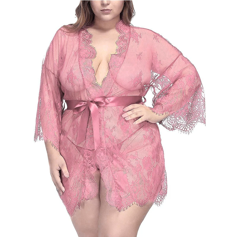 Women\'s Lace Kimono Robe Babydoll Lingerie Mesh Nightgown Sexy Lingerie Woman Erotic Pajamas