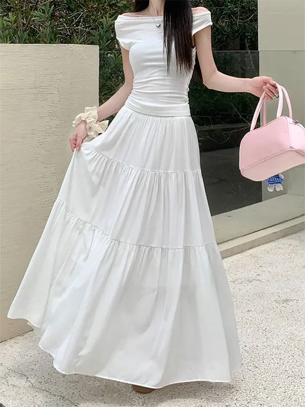 Elegant A-Line Cake Skirt High Waist Slimming Hip Covering Spring Autumn Long Midi Gown Fairy Skirt Korean Style Knitted Dress