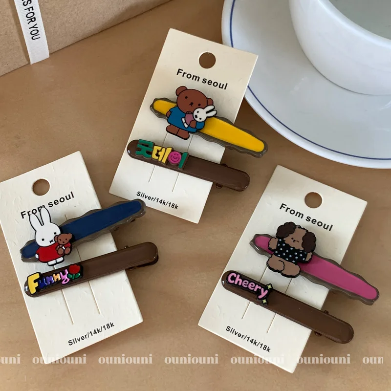 2 pçs coreano kawaii miffy coelho urso hairpin bonito metal franja hairpin borda novo para presentes da menina