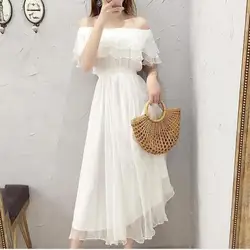 Women's Summer Beach Style Chiffon White Long Dress Lady Graceful Fairy Layers Ruffles Off-Shoulder Dresses Evening Party Gown