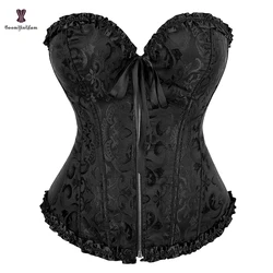 Front Zipper Floral Pleated Trim Bustier Fancy Women Corset Sexy Laced Lingerie Vintage Underwear With G-String 819#