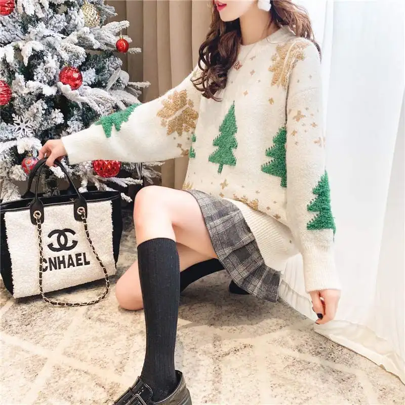 

Autumn and Winter New Thick Color Blocked Christmas Sweater Women's Hoodie Snowflake Loose Round Neck Lazy Top