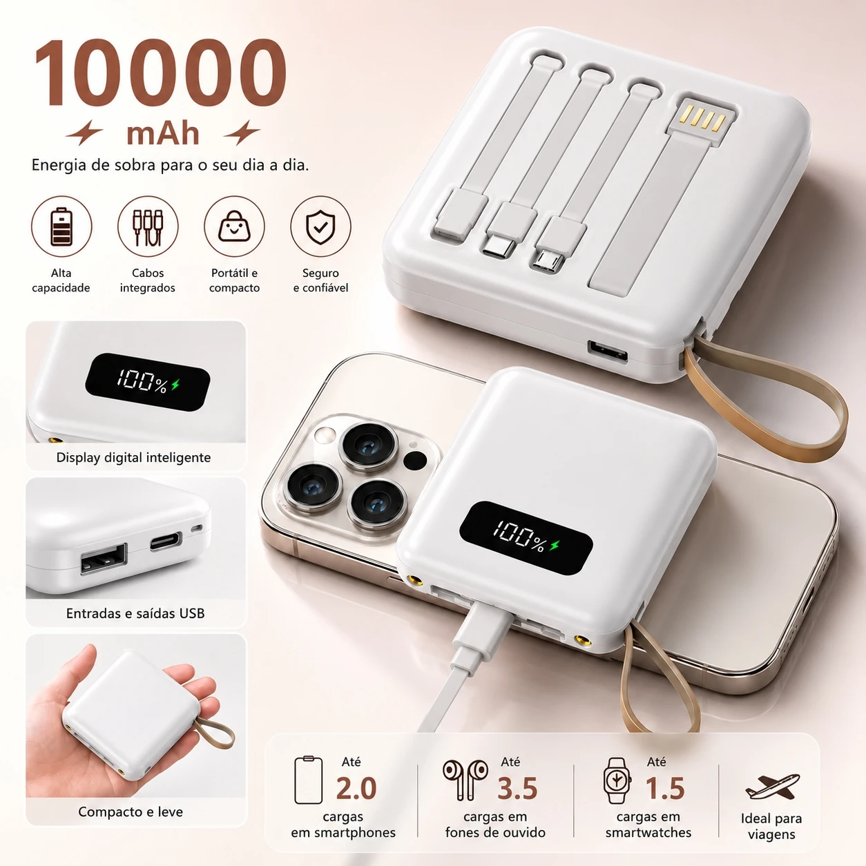 Power Bank 10000mAh Bateria Externa Com 4 Cabos E Carga Rápida Visor Digital LED Para Celular