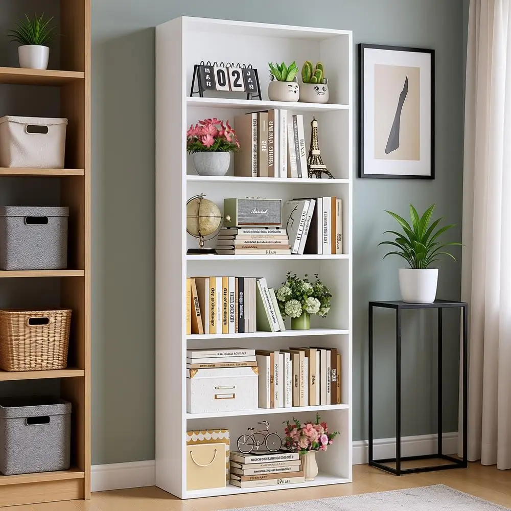 

6-ярусный открытый книжный шкаф, полки для хранения и демонстрации, высокий книжный шкаф для спальни, гостиной, офиса, белый
