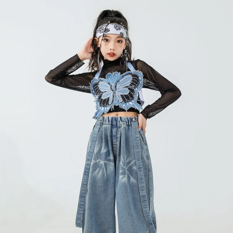 teen girls Hip hop Street Dance Jazz Clothes Set tops+denim vest+sling+Tie dye wide leg jeans Streetwear suit Child Kid outfits