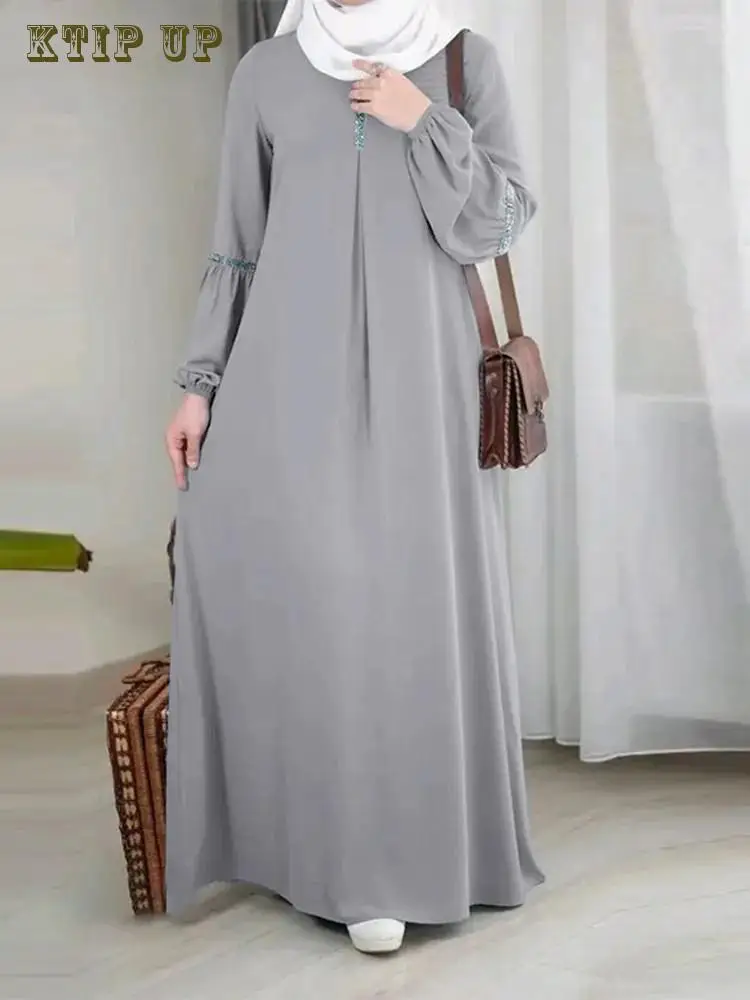 Middle East Dubai Arab Fashion Long Sleeved Muslim Morocco Abaya Dress Casual Sequin Sun Dress Solid Robe Clothing Maxi Dresses