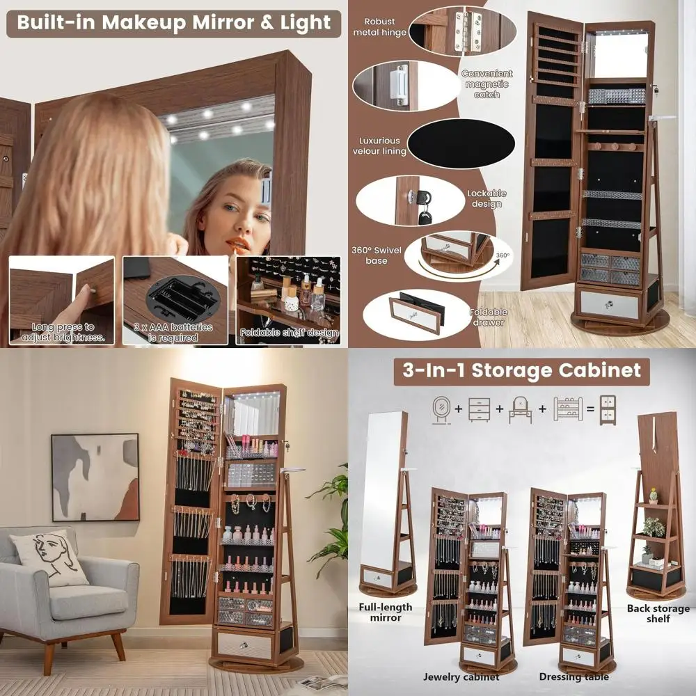 

Стоячий шкаф для ювелирных изделий из орехового дерева с зеркалом в полный рост, запираемым, светодиодной подсветкой, стойкой для фена и полками для хранения