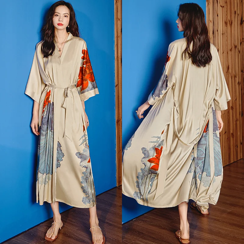 Print Flower Long Robe Nightgown Spring Summer Three Quarter Sleeves Kimono Bathrobe Gown Women Satin Home Dress Lounge wear