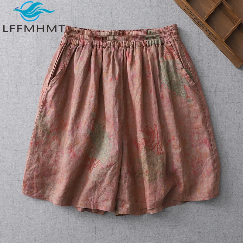 

Женские летние модные винтажные двухслойные льняные шорты с цветочным принтом, женские крутые тонкие мешковатые брюки с эластичной резинкой на талии