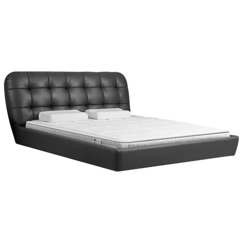 Black waffle leather bed, Italian minimalist master bedroom 1.8 meters puff soft double, small apartment leather bed